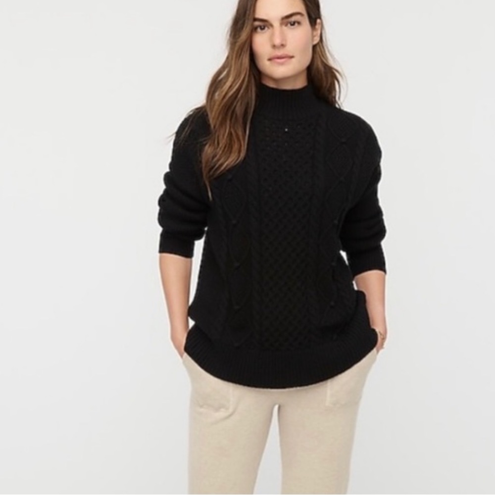 J. Crew Swingy Mockneck Black Cable Knit Sweater L